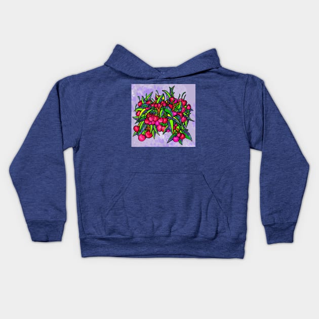 Cherry Fantasy - Plump Ripe Cherries with Flower Leaves in a Purple Sky Kids Hoodie by RhondaChase